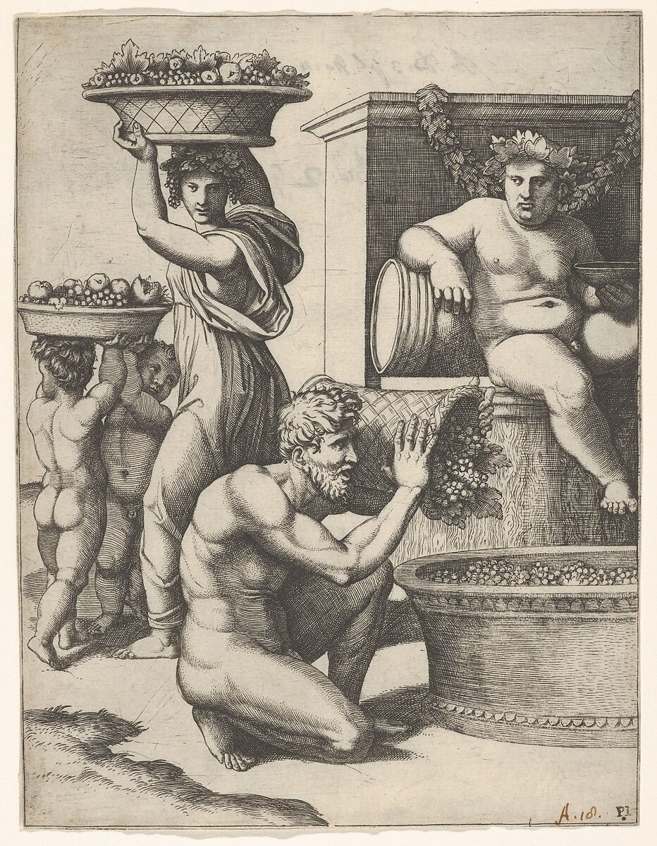The Vintage; a man pouring grapes from a basket into a vat, above Bacchus sitting, other figures at left, Marcantonio Raimondi (Italian, Argini (?) ca. 1480–before 1534 Bologna (?)), Engraving 