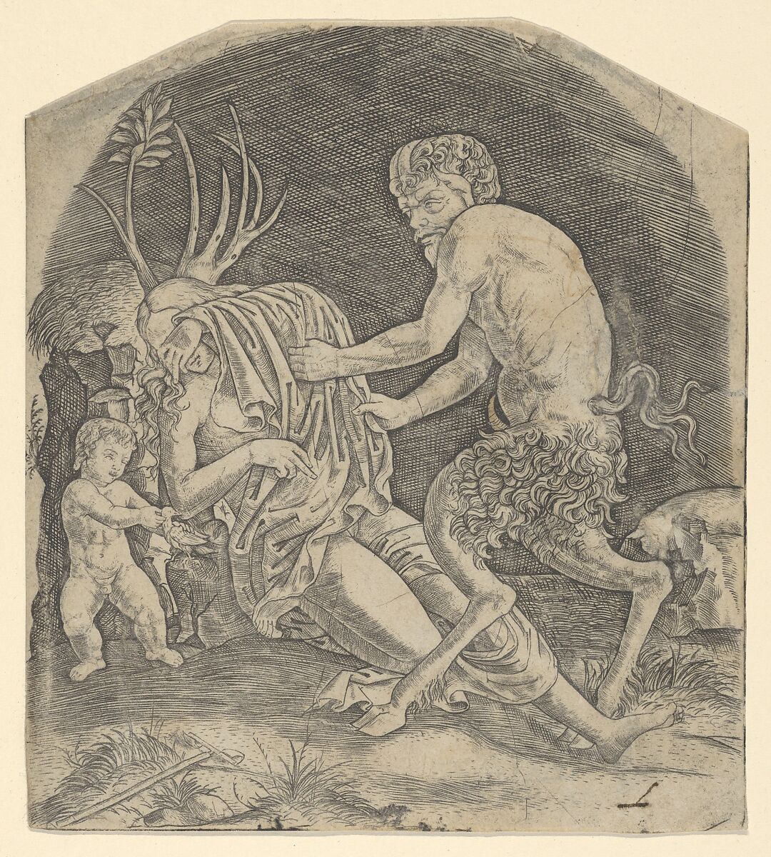 A satyr about to remove drapery covering a Nymph, Marcantonio Raimondi (Italian, Argini (?) ca. 1480–before 1534 Bologna (?)), Engraving 