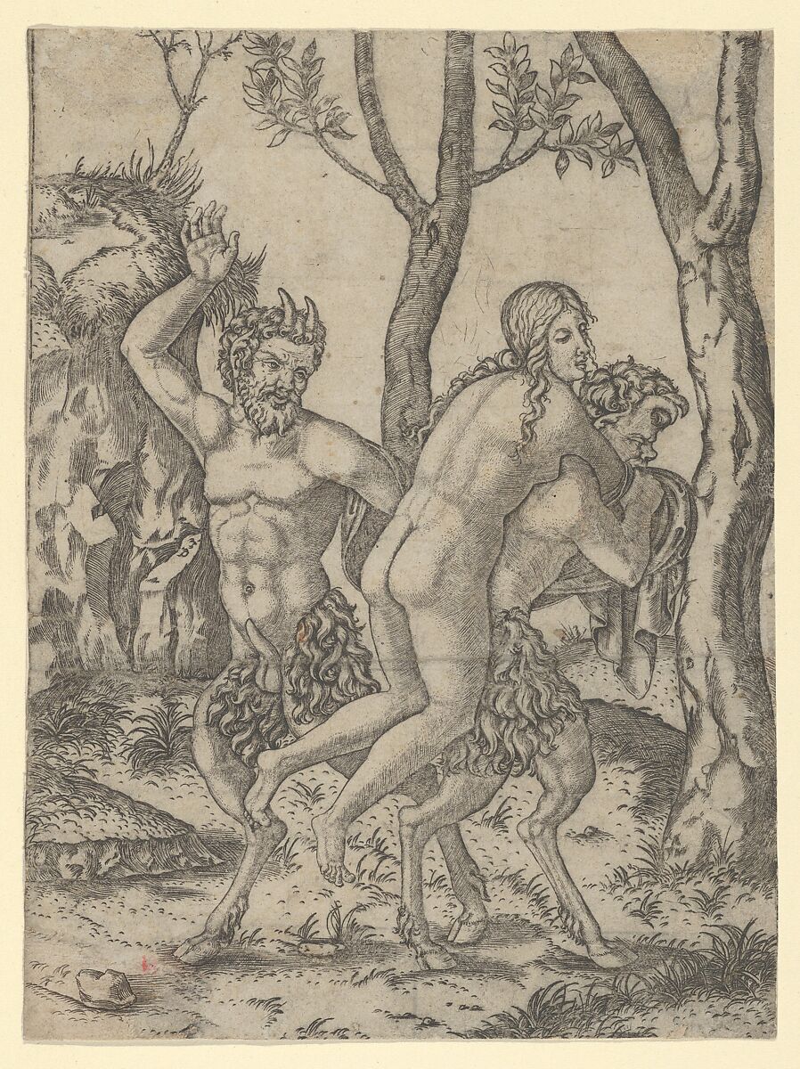 A satyr carrying a nymph on his back and another raising his right hand to slap her, Marcantonio Raimondi (Italian, Argini (?) ca. 1480–before 1534 Bologna (?)), Engraving 