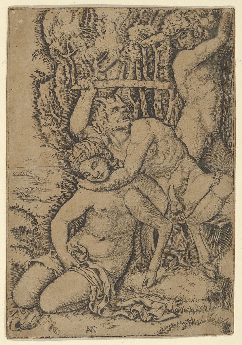 A satyr fighting for a nymph, Marcantonio Raimondi (Italian, Argini (?) ca. 1480–before 1534 Bologna (?)), Engraving 
