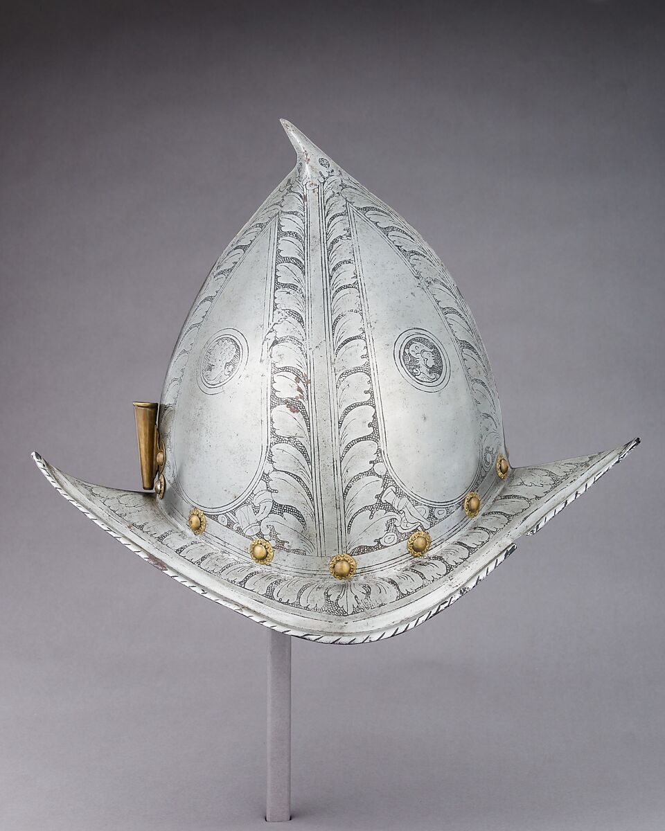 Morion-Cabasset, Steel, brass, leather, Italian