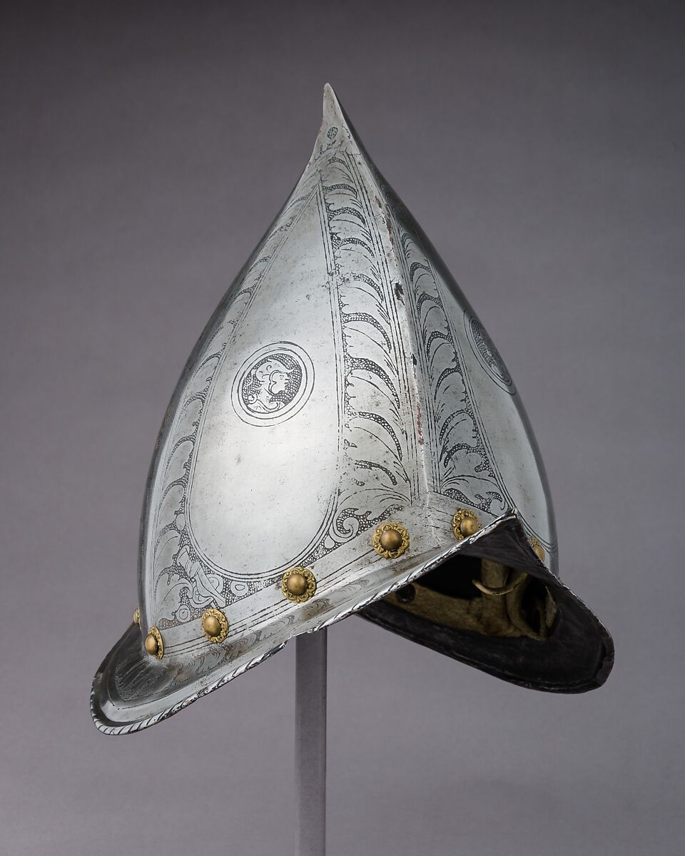 Morion-Cabasset, Steel, brass, leather, Italian 