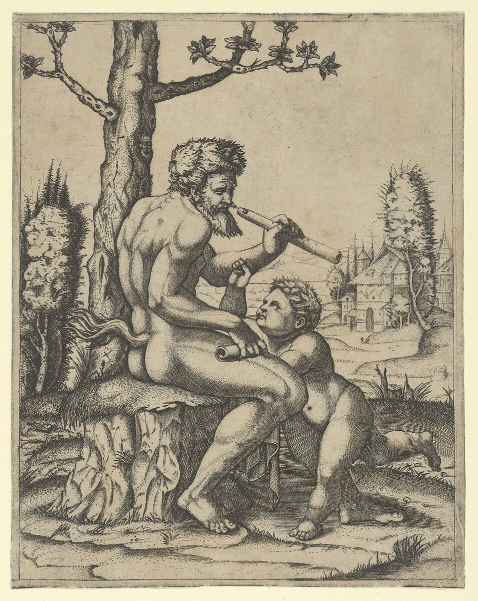A faun sitting on a rock holding a flute in his left hand; a child stands between his knees, Marcantonio Raimondi (Italian, Argini (?) ca. 1480–before 1534 Bologna (?)), Engraving 