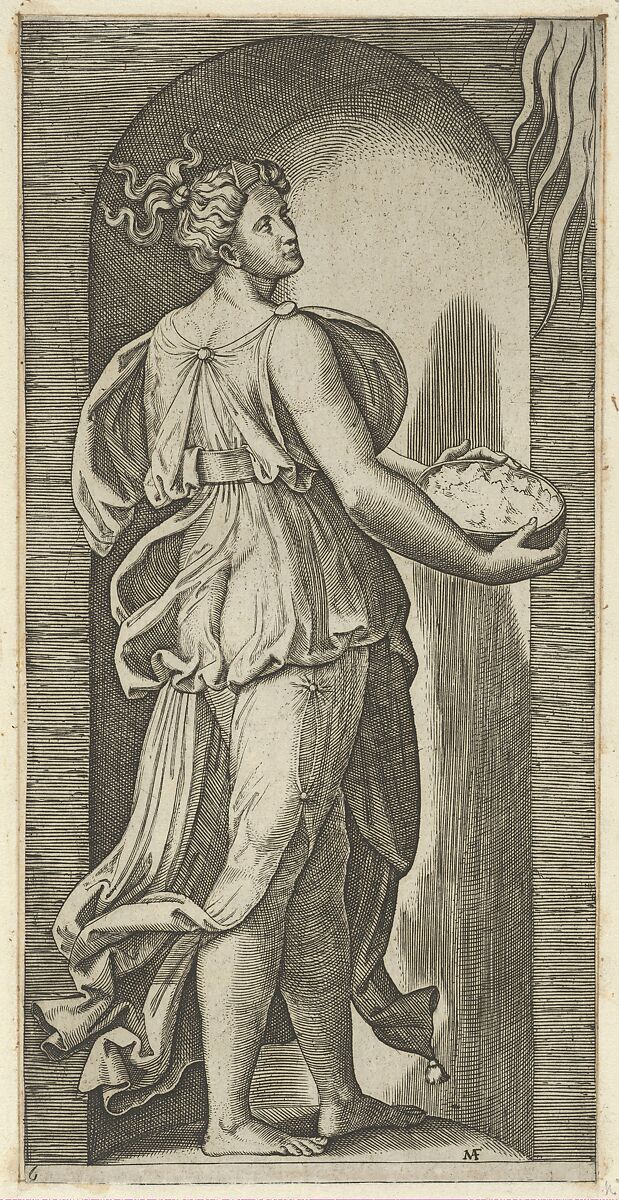 Hope personified as a woman standing in a niche facing right, holding a container of unleavened bread in both hands, from "The Virtues", Marcantonio Raimondi (Italian, Argini (?) ca. 1480–before 1534 Bologna (?)), Engraving 
