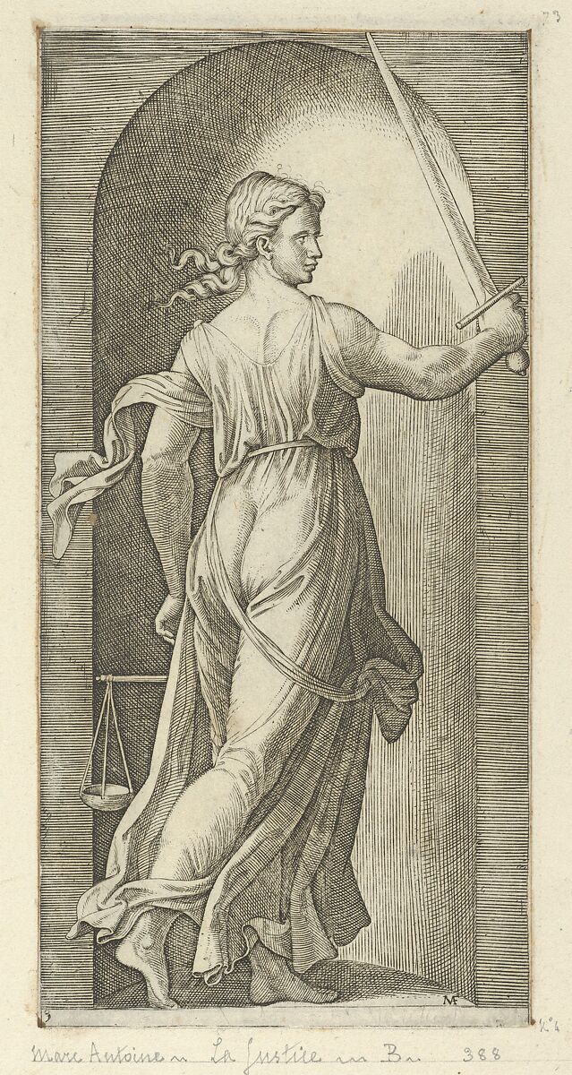 Justice personified by a young woman holding a sword in her raised right hand, scales in her left, from 'The Virtues', Marcantonio Raimondi  Italian, Engraving