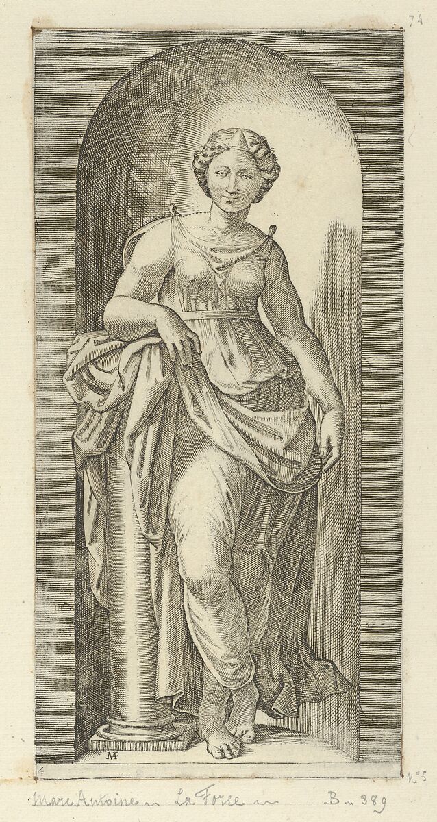 Fortitude or Strength personified by a woman standing in a nice resting her arm on a column, from "The Virtues", Marcantonio Raimondi  Italian, Engraving