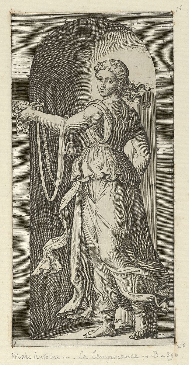 Temperance personfied by a woman standing in a niche holding a bit, from "The Virtues", Marcantonio Raimondi (Italian, Argini (?) ca. 1480–before 1534 Bologna (?)), Engraving 
