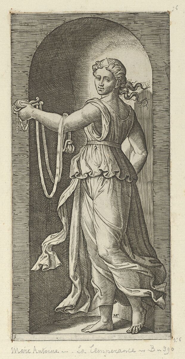 Temperance personfied by a woman standing in a niche holding a bit, from "The Virtues", Marcantonio Raimondi  Italian, Engraving