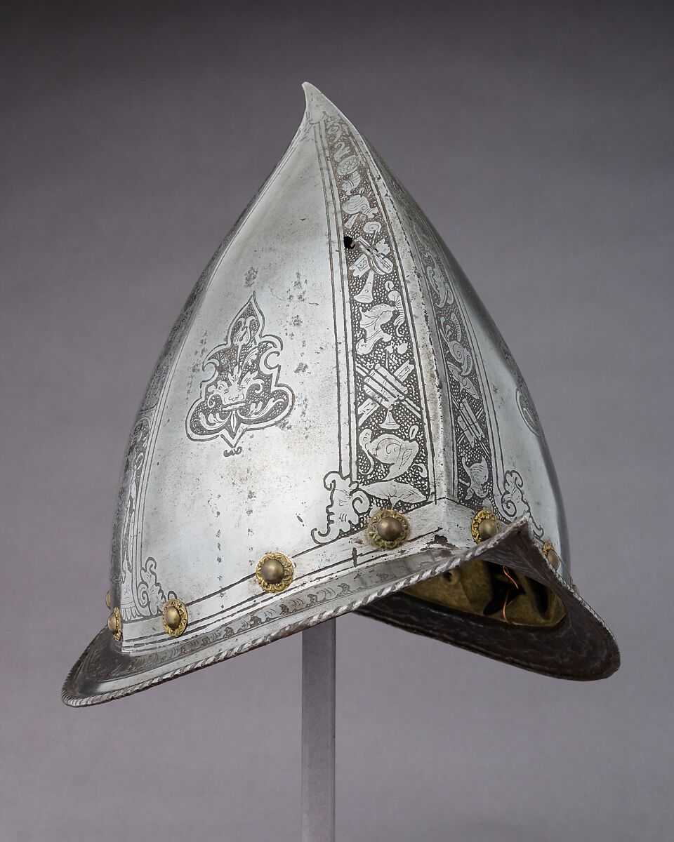 Morion-Cabasset, Steel, brass, leather, Italian 