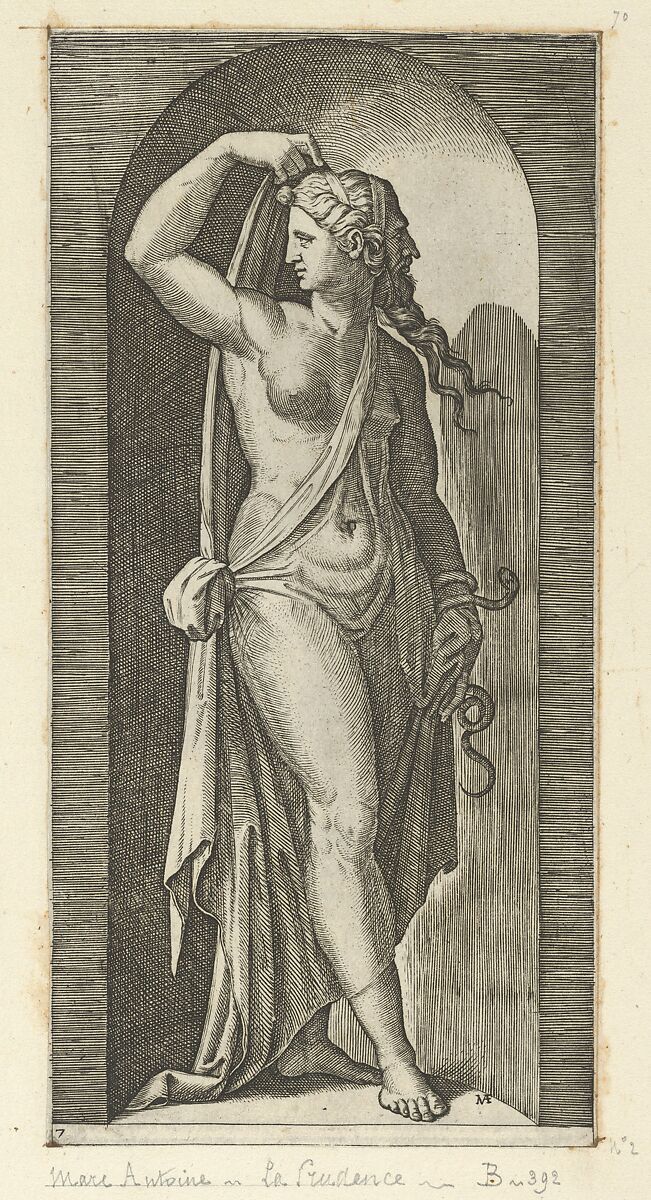 Prudence personified by a woman standing in a niche, holding a shawl in her right hand, a snake coiled around her left, from "The Virtues", Marcantonio Raimondi (Italian, Argini (?) ca. 1480–before 1534 Bologna (?)), Engraving 