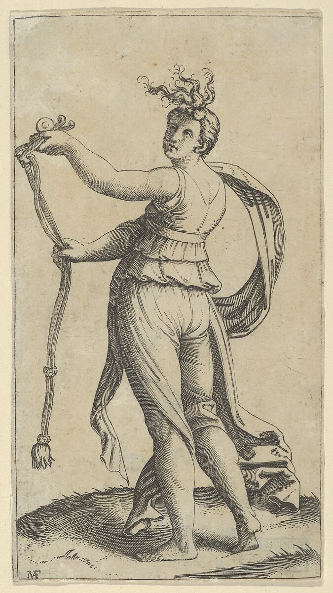 A woman representing Temperance holding a bit facing left, Marcantonio Raimondi (Italian, Argini (?) ca. 1480–before 1534 Bologna (?)), Engraving 