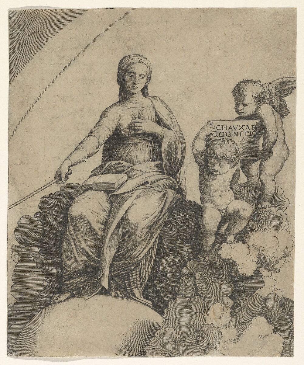 A personification of Philosophy sitting on clouds with her feet resting on a globe, two putti at right holding a tablet, Marcantonio Raimondi (Italian, Argini (?) ca. 1480–before 1534 Bologna (?)), Engraving 