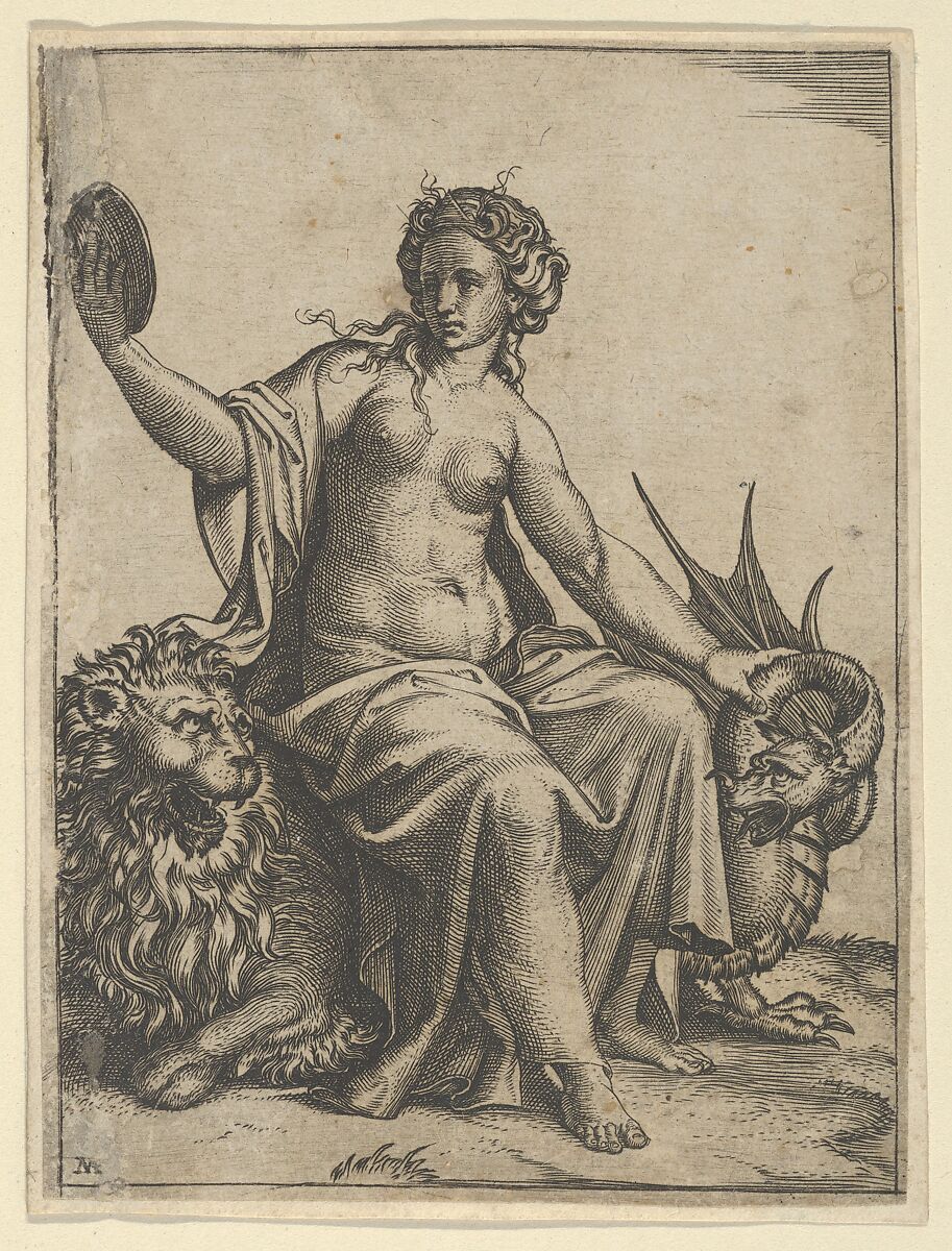 Prudence as a young woman, sitting on a lion and holding the neck of a dragon with her left hand, holding a mirror in her right hand, Marcantonio Raimondi (Italian, Argini (?) ca. 1480–before 1534 Bologna (?)), Engraving 