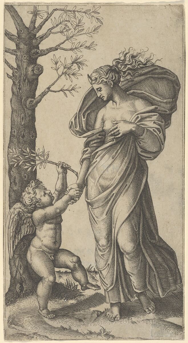 An allegory of Peace; Peace personified as a woman standing in a landscape  holding the left hand of a winged genius, tree at left, Marcantonio Raimondi (Italian, Argini (?) ca. 1480–before 1534 Bologna (?)), Engraving 