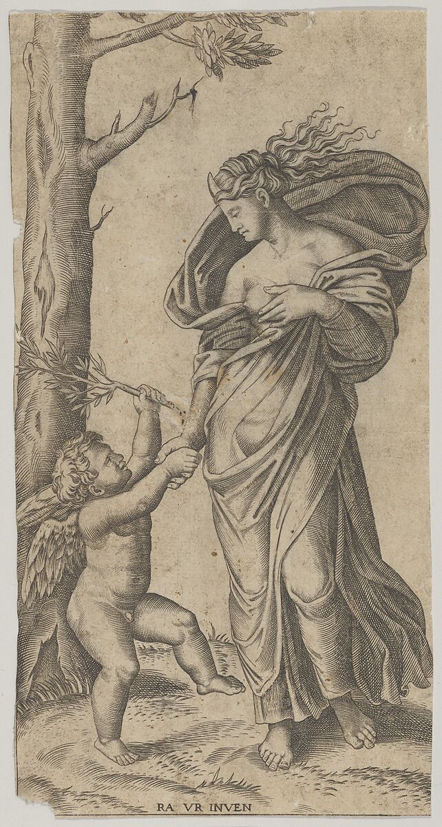 An allegory of Peace; Peace personified as a woman standing in a landscape holding the left hand of a winged genius, Anonymous, Engraving 