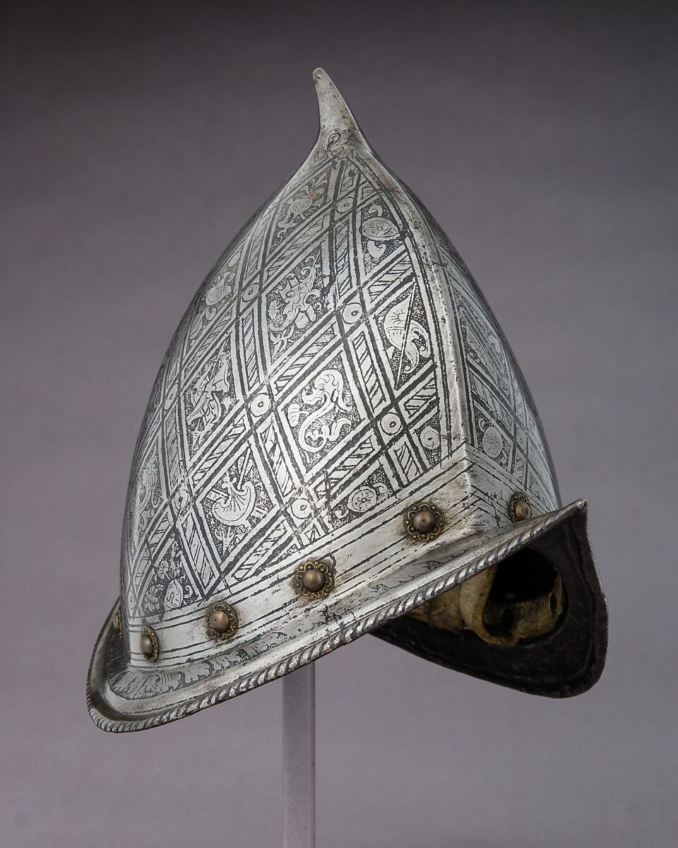 Morion-Cabasset, Steel, brass, leather, Italian 