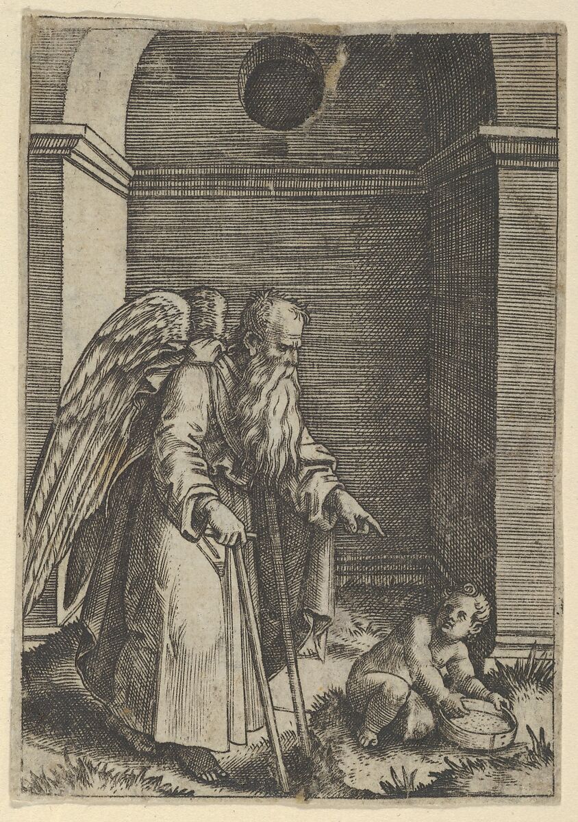 An elderly winged man with a long beard walking with crutches, possibly representing Time gesturing towards a young child holding a sieve, Marcantonio Raimondi (Italian, Argini (?) ca. 1480–before 1534 Bologna (?)), Engraving 