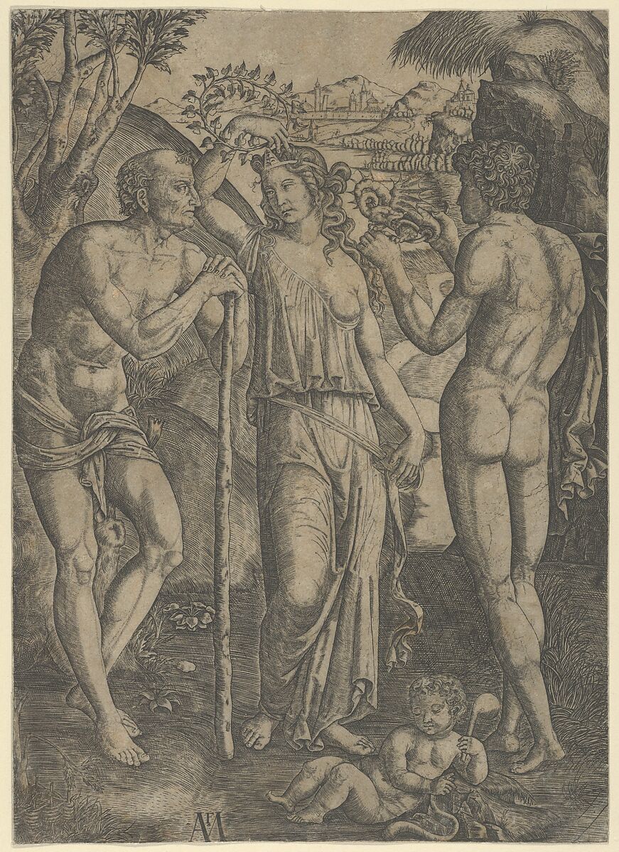 An allegorical scene; a young woman at centre holding a wreath above her head, at left is a old man leaning on a stick, a younger man at right who holds a small dragon, Marcantonio Raimondi (Italian, Argini (?) ca. 1480–before 1534 Bologna (?)), Engraving 