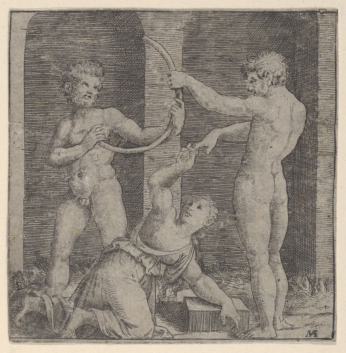 A woman kneeling at centre reaching up with her right hand to place a ring on the finger of a naked man holding a curved stick that is also held by another man at left, Marcantonio Raimondi (Italian, Argini (?) ca. 1480–before 1534 Bologna (?)), Engraving 