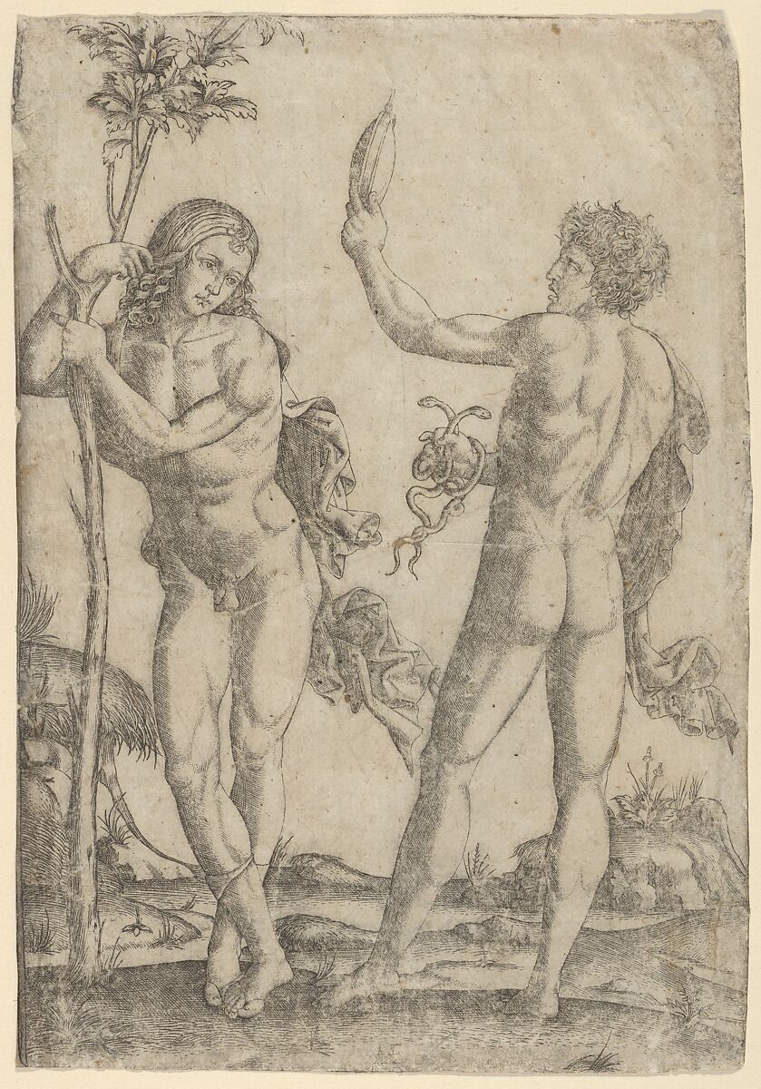 A young naked man standing at left leaning on the trunk, another seen from behind, holding two snakes in his right hand and a convex mirror in his raised left hand, Marcantonio Raimondi (Italian, Argini (?) ca. 1480–before 1534 Bologna (?)), Engraving 