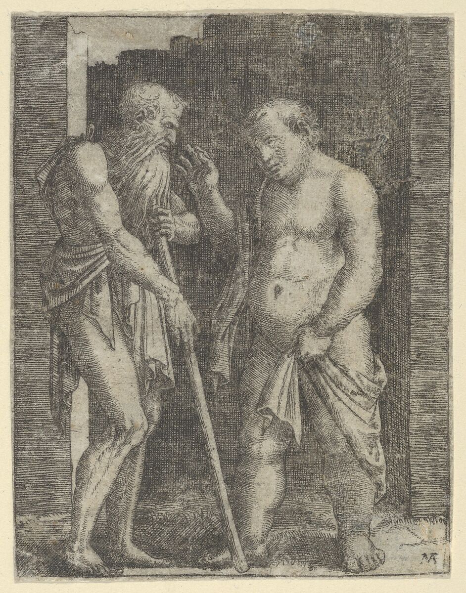 An old skinny man at left talking with a fat man at right, Marcantonio Raimondi (Italian, Argini (?) ca. 1480–before 1534 Bologna (?)), Engraving 