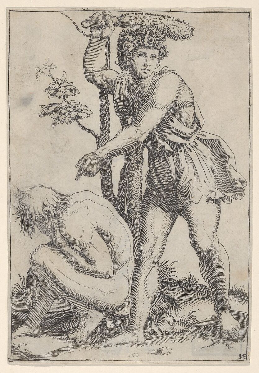 The seated naked man at left being beaten with a fox's tail, Marcantonio Raimondi (Italian, Argini (?) ca. 1480–before 1534 Bologna (?)), Engraving 
