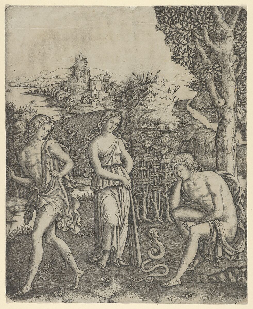 A young man sitting at right resting his head in his hand, a snake with a womans head before him, a young woman holding a  pan pipes standing in the centre and a young man leaving at left, Marcantonio Raimondi (Italian, Argini (?) ca. 1480–before 1534 Bologna (?)), Engraving 