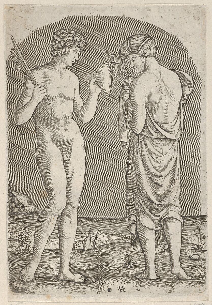 A naked man at left showing an axe to a woman at right, Marcantonio Raimondi (Italian, Argini (?) ca. 1480–before 1534 Bologna (?)), Engraving 
