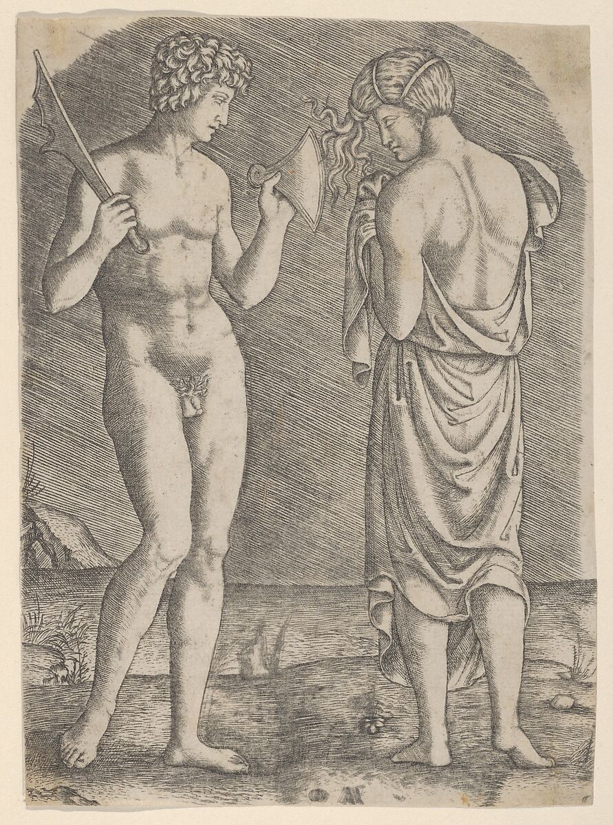 A naked man at left showing an axe to a woman at right, Marcantonio Raimondi (Italian, Argini (?) ca. 1480–before 1534 Bologna (?)), Engraving 