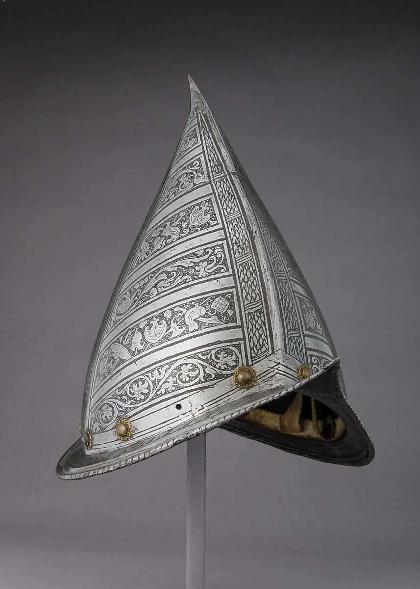 Morion-Cabasset, Steel, brass, leather, Italian 