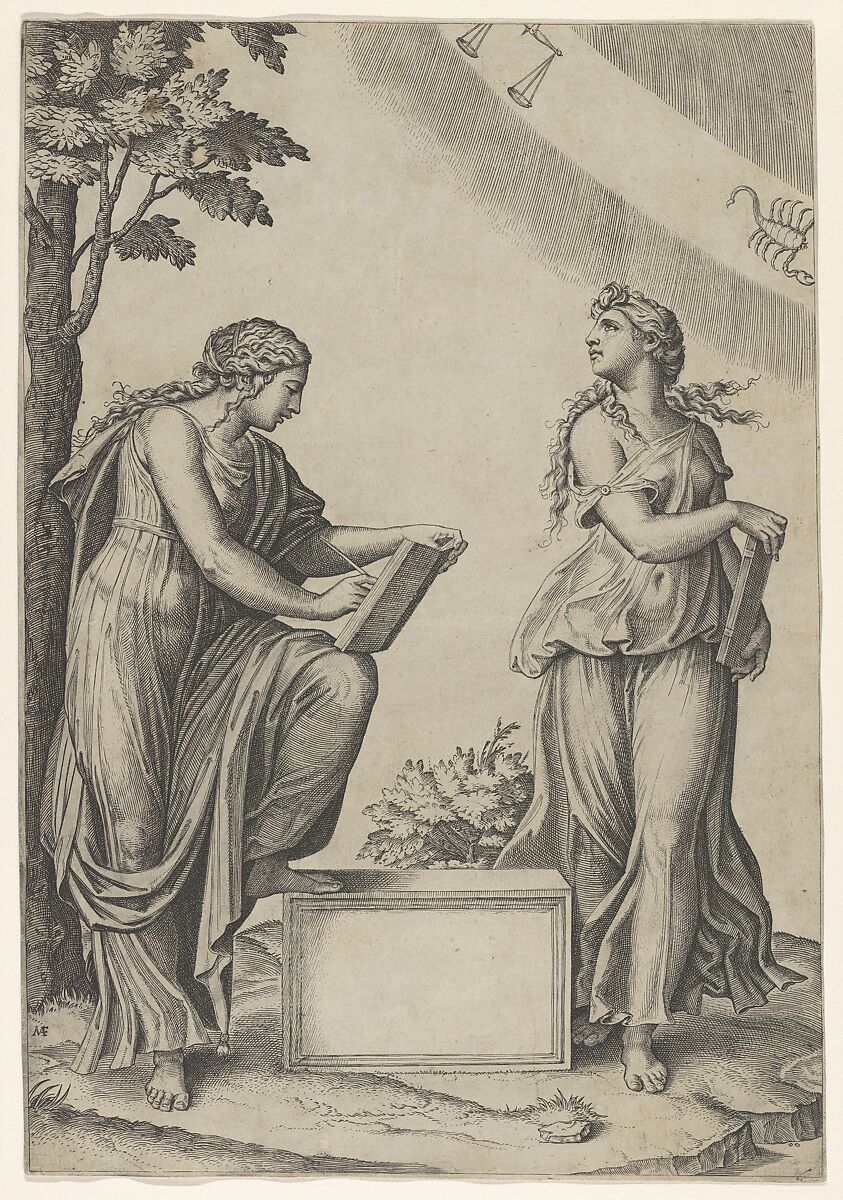 Two women of the zodiac standing beneath the signs of Libra and Scorpio, Marcantonio Raimondi (Italian, Argini (?) ca. 1480–before 1534 Bologna (?)), Engraving 