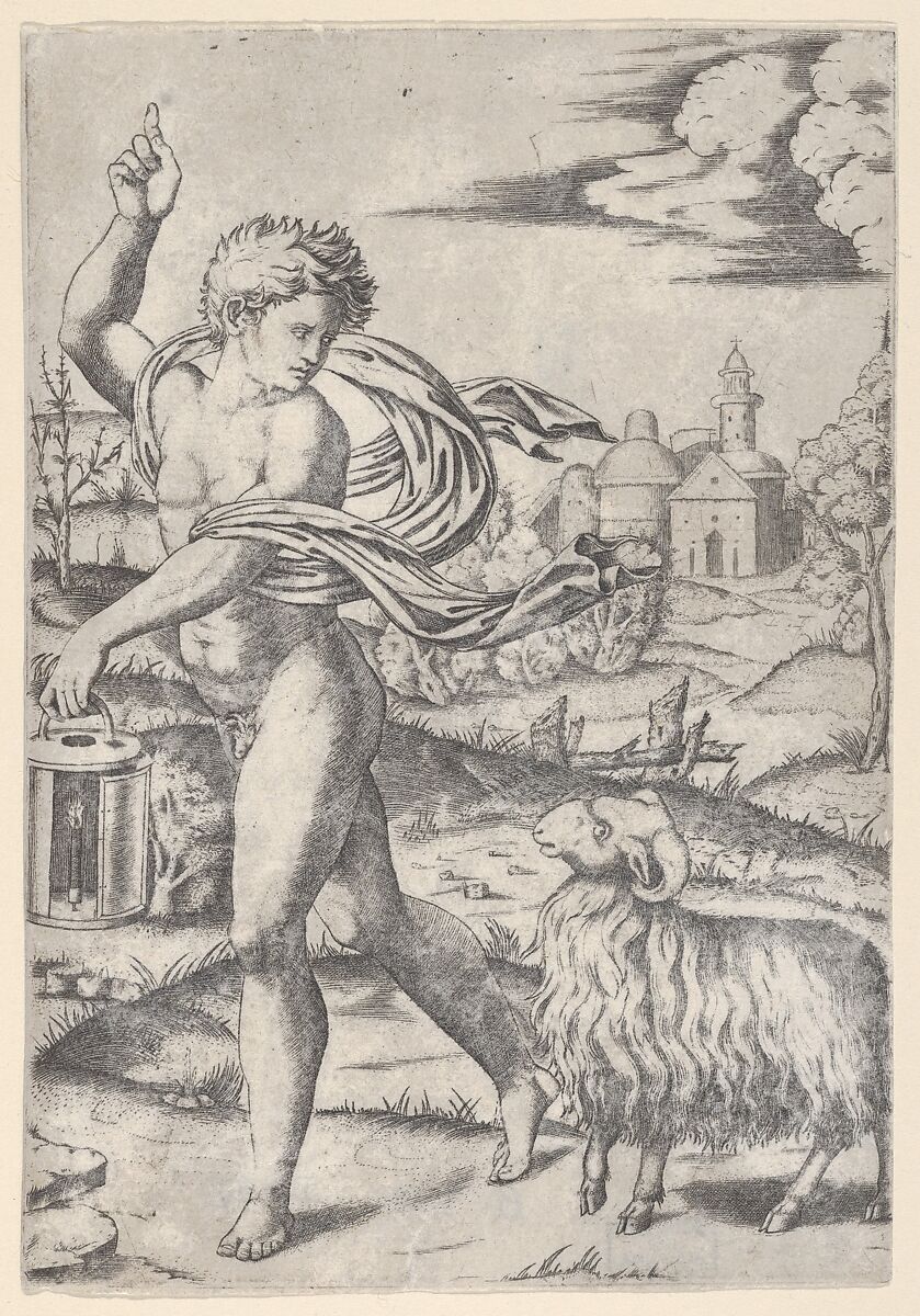 A naked young man walking left, carrying a lantern and looking backwards over his shoulder at a ram, Marcantonio Raimondi (Italian, Argini (?) ca. 1480–before 1534 Bologna (?)), Engraving 