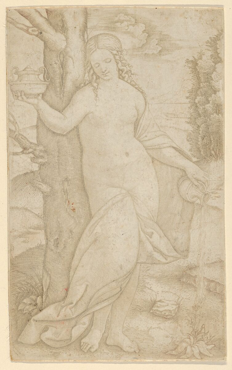 A woman watering a plant, a pot in her raised right hand, Marcantonio Raimondi (Italian, Argini (?) ca. 1480–before 1534 Bologna (?)), Engraving printed in pale brown ink 