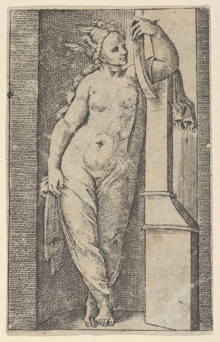 Woman with a winged head standing in a niche, Marcantonio Raimondi (Italian, Argini (?) ca. 1480–before 1534 Bologna (?)), Engraving 