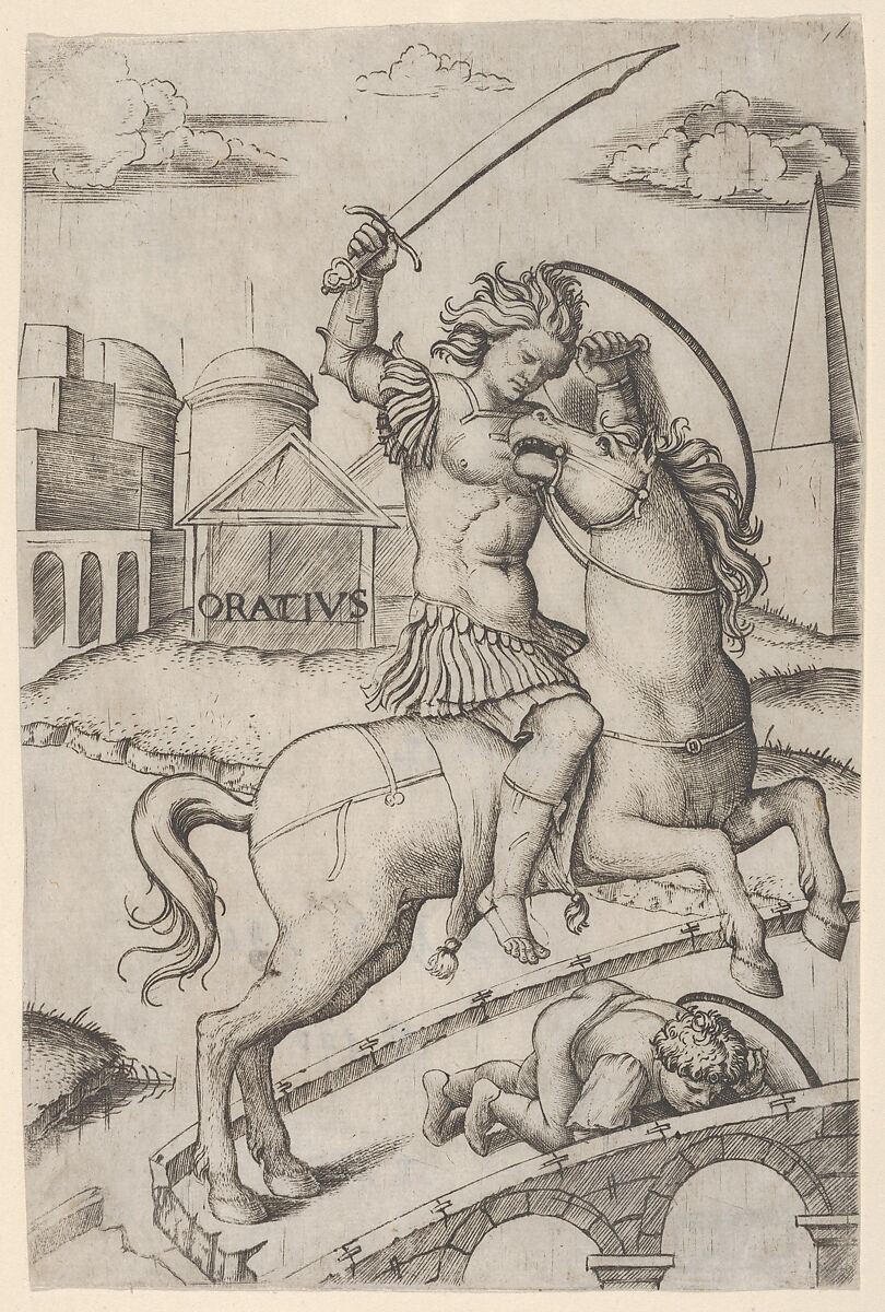 Horatius Cocles on horseback, trampling a fallen soldier, Marcantonio Raimondi (Italian, Argini (?) ca. 1480–before 1534 Bologna (?)), Engraving 