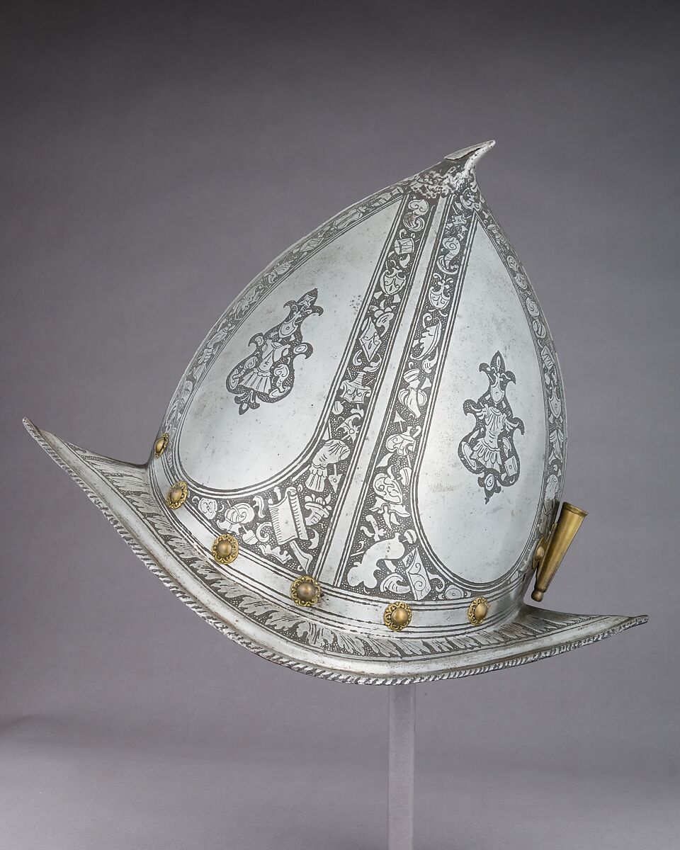 Morion-Cabasset, Steel, brass, leather, Italian