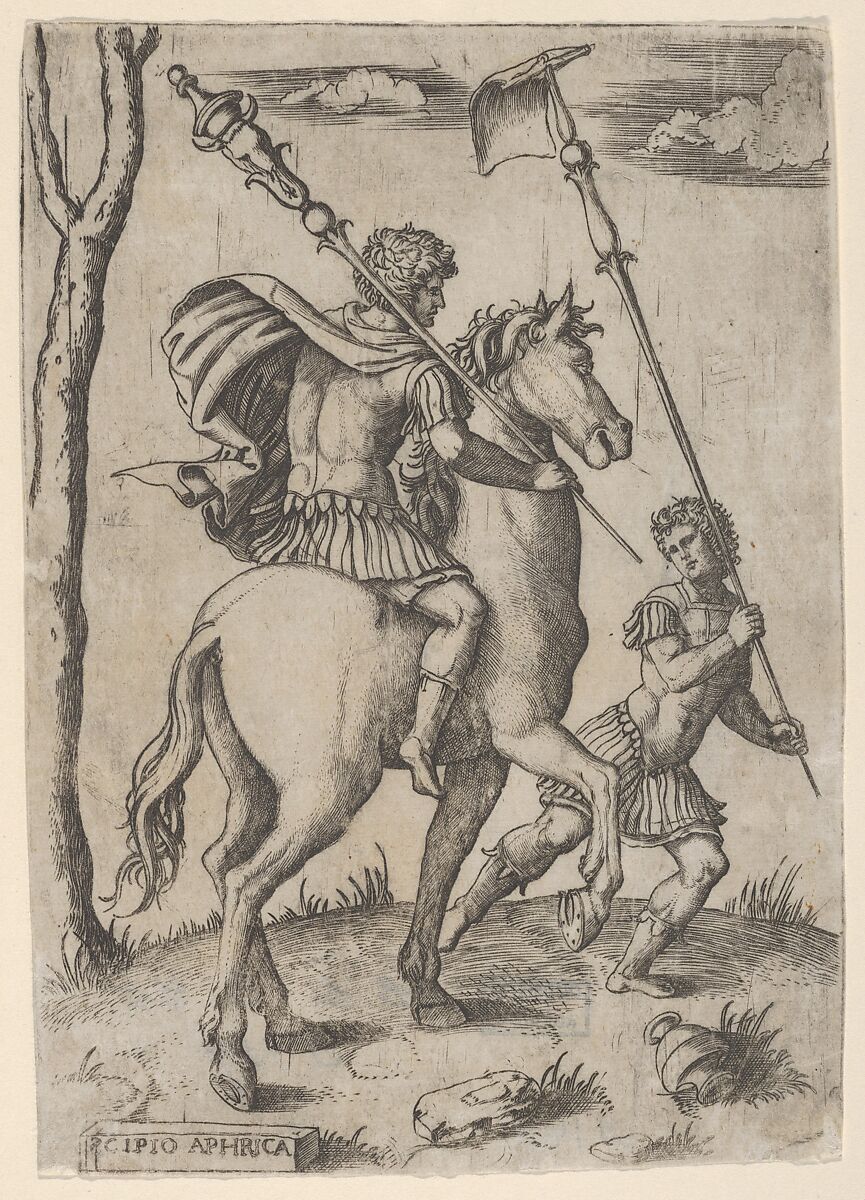 Scipio Africanus on horseback preceeded by a foot soldier holding a standard, Marcantonio Raimondi (Italian, Argini (?) ca. 1480–before 1534 Bologna (?)), Engraving 