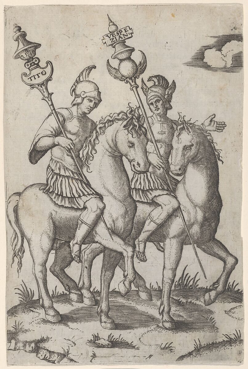Titus and Vespanian both on horseback, Marcantonio Raimondi (Italian, Argini (?) ca. 1480–before 1534 Bologna (?)), Engraving 