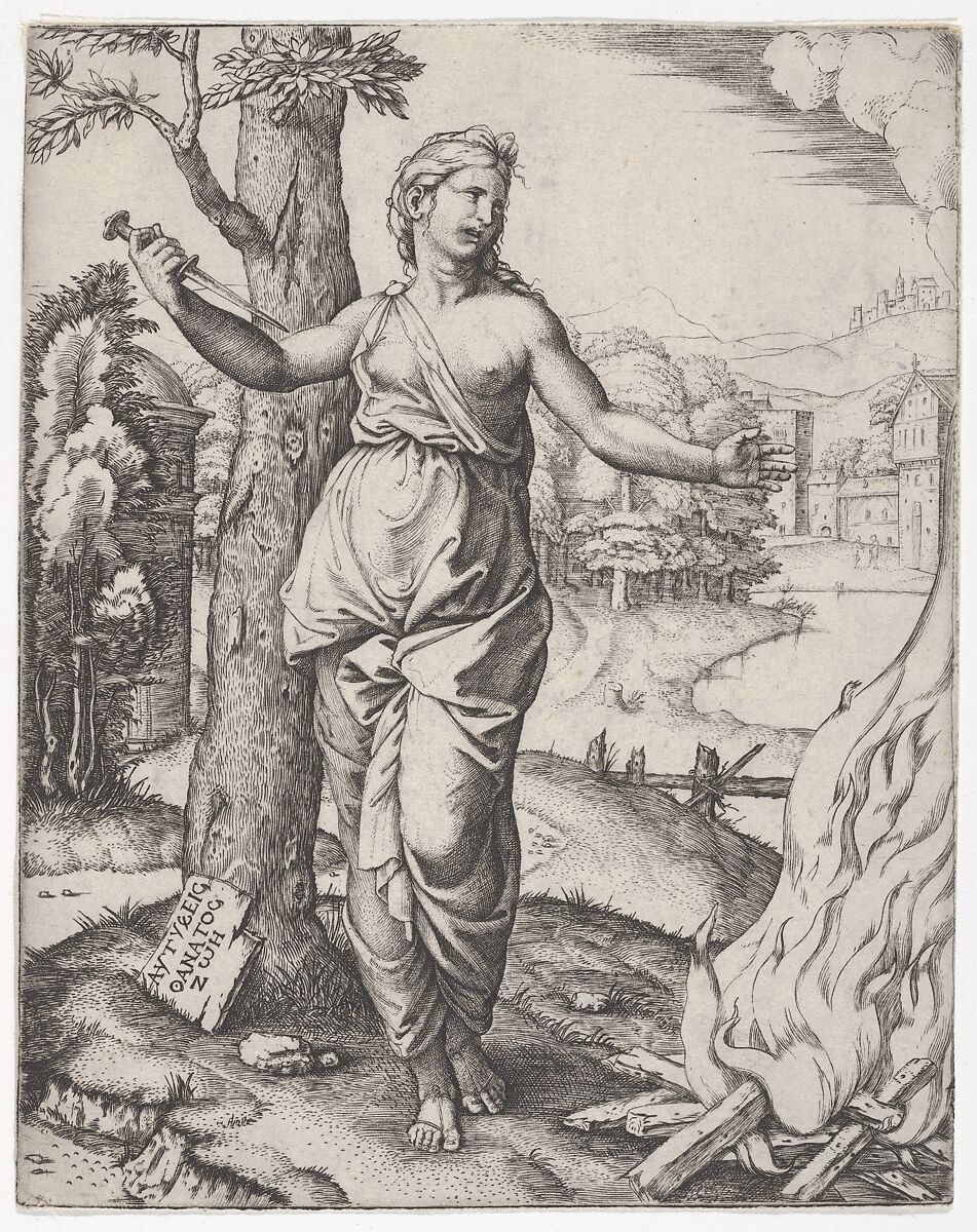 Dido holding a dagger in her right hand, left arm outstretched, Marcantonio Raimondi (Italian, Argini (?) ca. 1480–before 1534 Bologna (?)), Engraving 