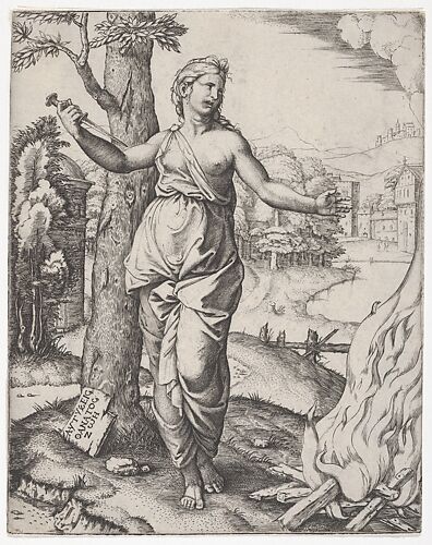 Dido holding a dagger in her right hand, left arm outstretched