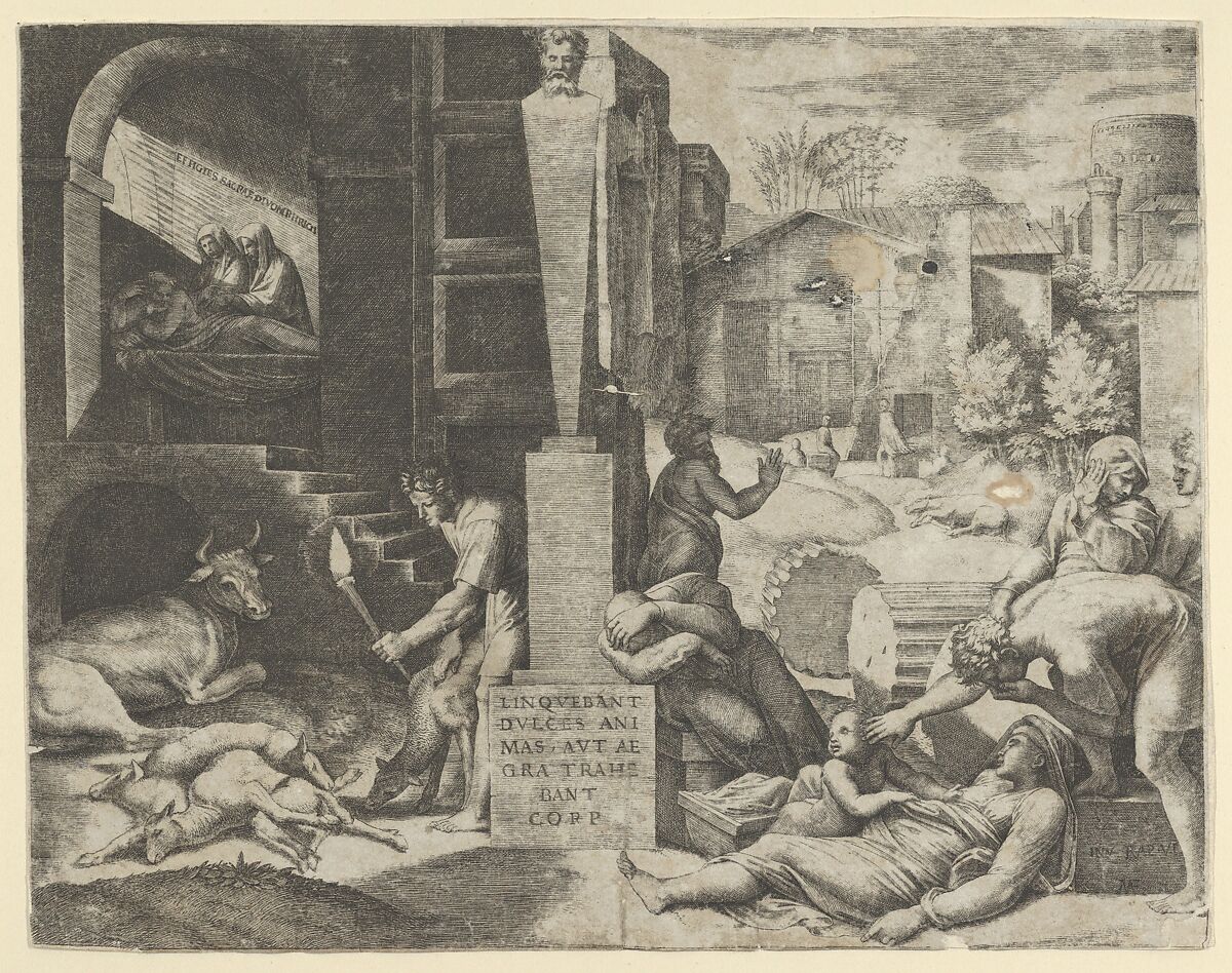 A plague scene at right, a man at left holding a torch illuminating part of the scene, ill people at the right, Marcantonio Raimondi (Italian, Argini (?) ca. 1480–before 1534 Bologna (?)), Engraving 