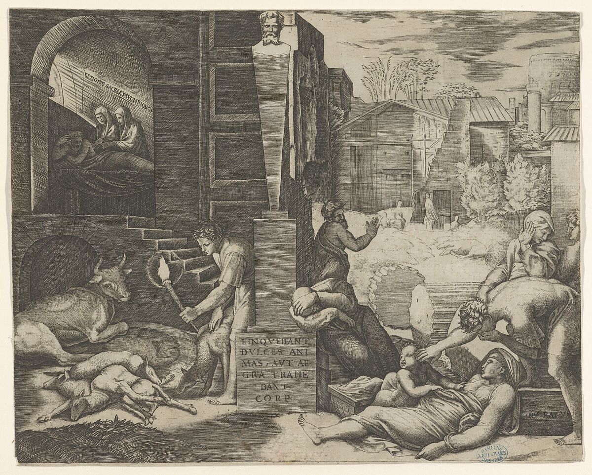 A plague scene at right, a man at left holding a torch illuminating part of the scene at left, ill people at the right, Marcantonio Raimondi (Italian, Argini (?) ca. 1480–before 1534 Bologna (?)), Engraving (heavily reworked) 