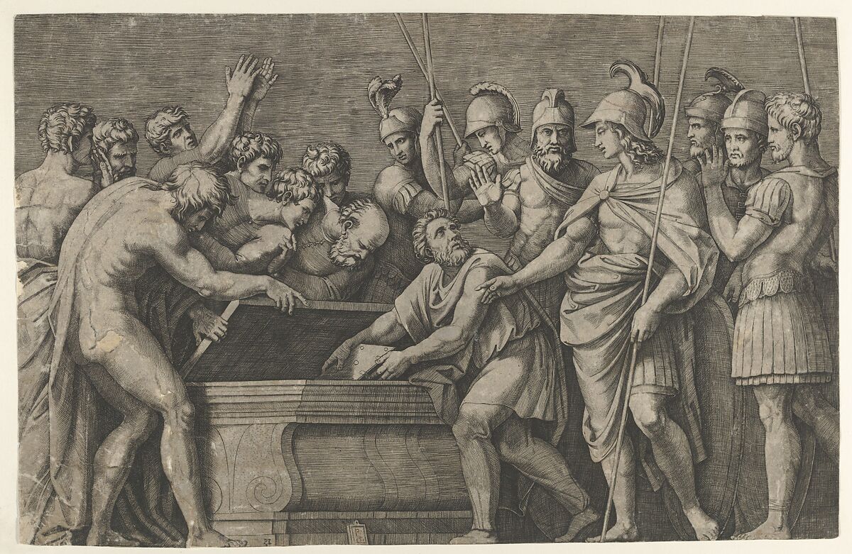 Alexander the Great commanding that the work of Homer be placed in the tomb of Achilles, Marcantonio Raimondi (Italian, Argini (?) ca. 1480–before 1534 Bologna (?)), Engraving; first state of two 