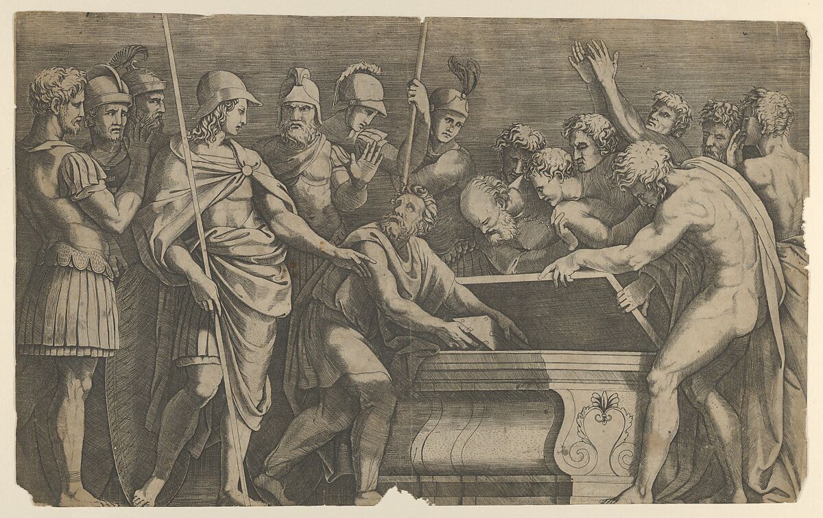 Alexander the Great commanding that the work of Homer be placed in the tomb of Achilles, Anonymous, Engraving 