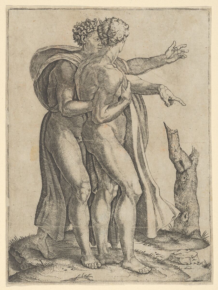 Two naked men, the sons of Noah, standing in profile facing right, both pointing, Attributed to Marcantonio Raimondi (Italian, Argini (?) ca. 1480–before 1534 Bologna (?)), Engraving; only state 