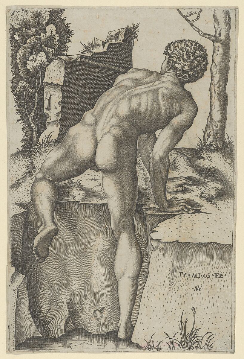 Naked man viewed from behind climbing a river bank, after Michelangelo, Marcantonio Raimondi (Italian, Argini (?) ca. 1480–before 1534 Bologna (?)), Engraving 