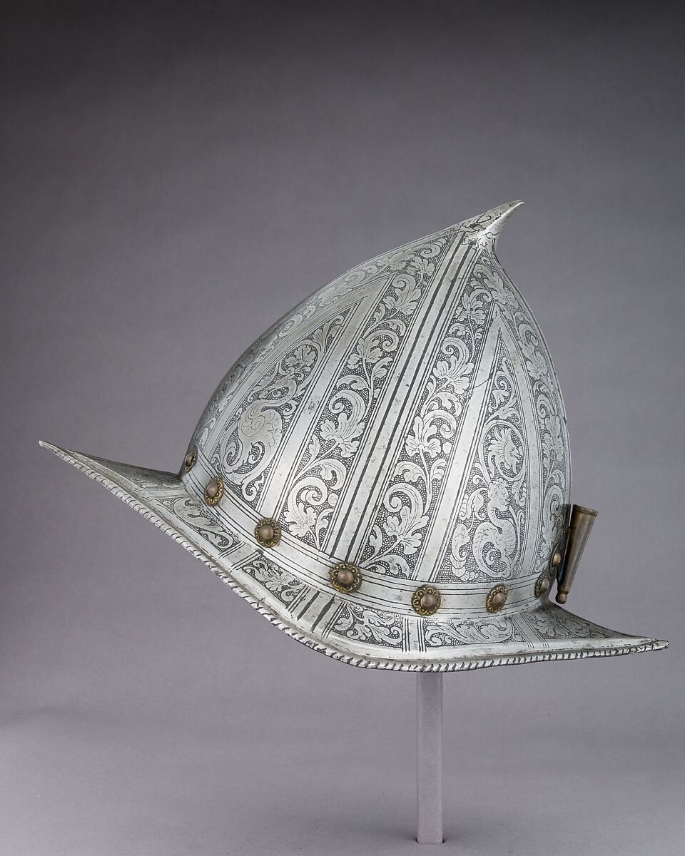 Morion-Cabasset, Steel, brass, leather, Italian