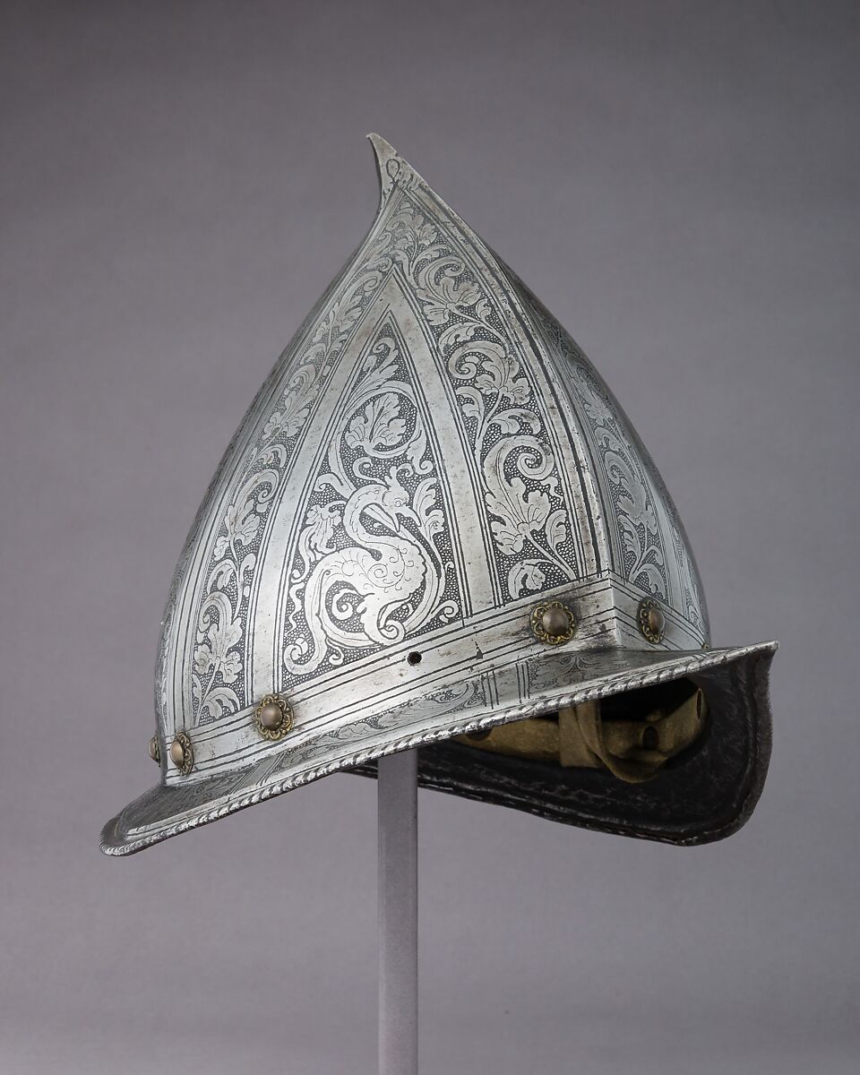 Morion-Cabasset, Steel, brass, leather, Italian 