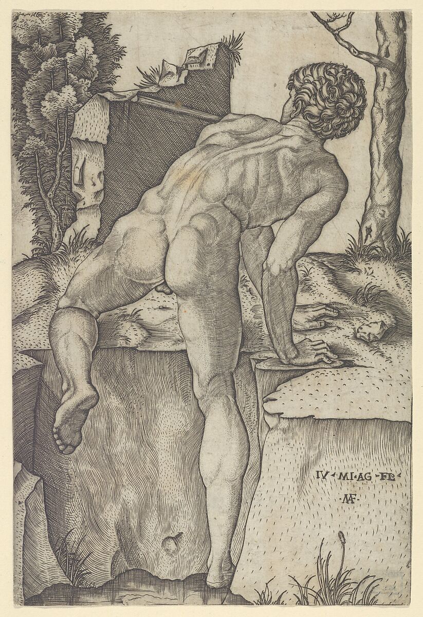 Naked man viewed from behind climbing a river bank, after Michelangelo, Marcantonio Raimondi (Italian, Argini (?) ca. 1480–before 1534 Bologna (?)), Engraving 