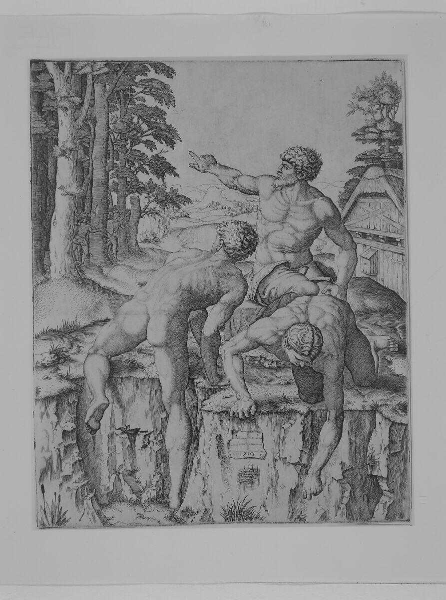 The Climbers: three naked men, one seen from behind climbing onto a river-bank, soldiers emerge from the forest in the background, Marcantonio Raimondi (Italian, Argini (?) ca. 1480–before 1534 Bologna (?)), Engraving